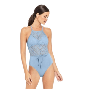 Robin Piccone Perla High Neck Crochet Mix Swimsuit, Pacific Blue, 2